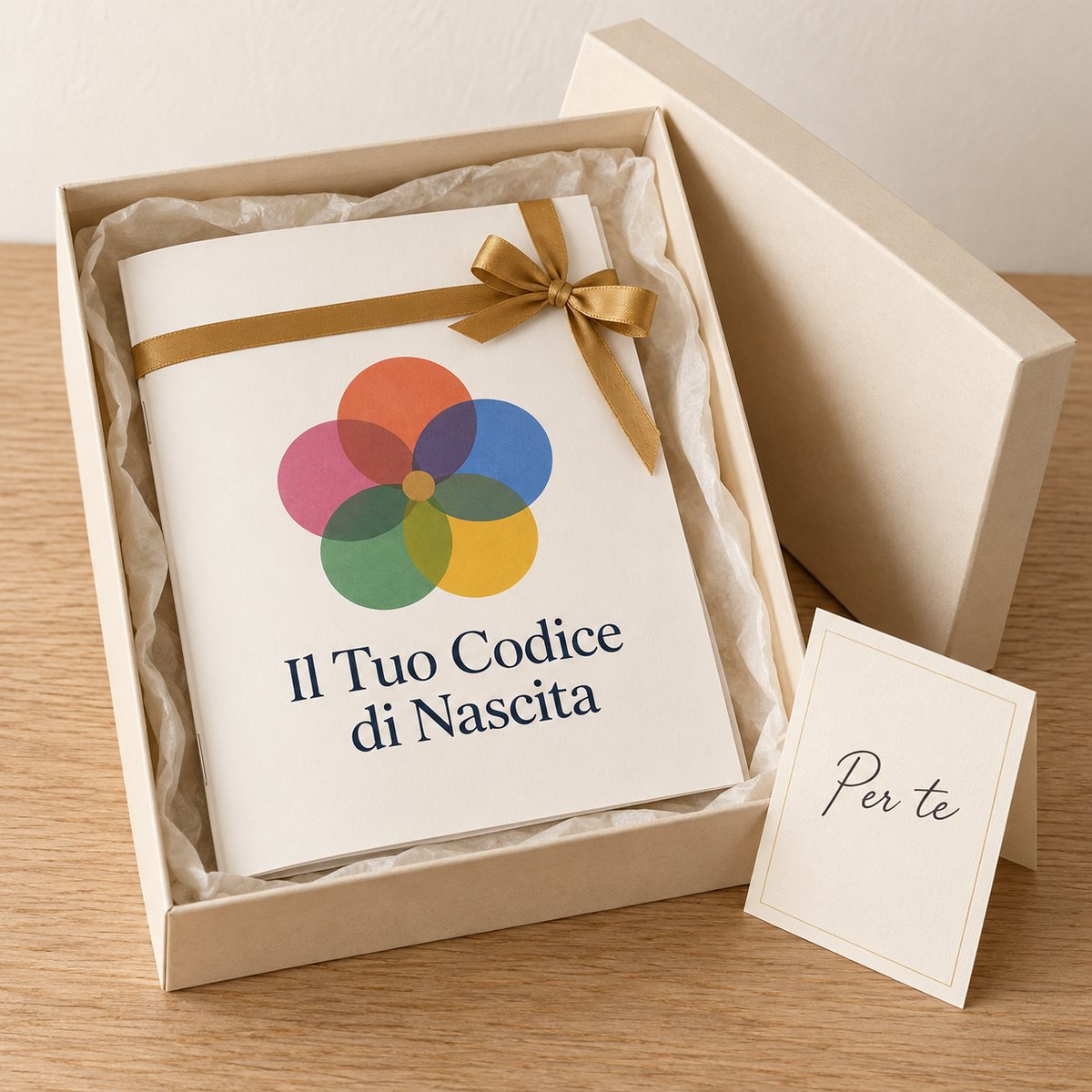 Il Tuo Codice di Nascita in una scatola regalo, con un nastro e un biglietto